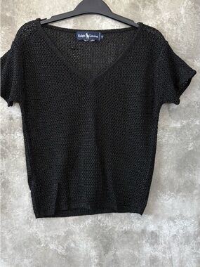 Ralph Lauren Black Open-Knit Short Sleeve V-Neck Top (Love 19)